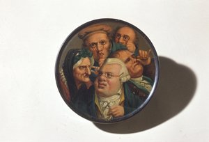 Snuffeldoos, handgeschilderd met een scène van verschillende soorten brillen, begin 19e eeuw (papier-maché)