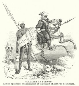 Soldaten van Bornou, Kanem Spearman, en ruiter van de lijfwacht van de sjeik van Bornou (gravure) door English School