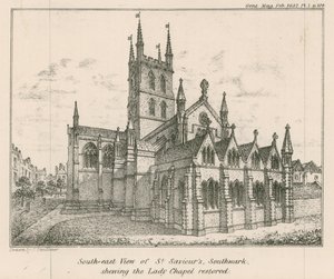 Zuidoostaanzicht van St Saviours Church, Southwark, met de gerestaureerde Lady Chapel