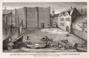 Zuidelijk aanzicht van het Douanehuis, Londen, tijdens het bewind van Koningin Elizabeth door English School