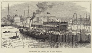 Southampton Pier, met de Isle of Wight stoomboot (gravure) door English School
