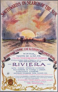 Zuidwaarts naar de zon, poster die de diensten van de Internationale Slaapwagenmaatschappij naar de Franse Rivièra adverteert, ca. 1910