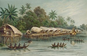 Sowek, een Paaldorp aan de Noordkust van Nieuw-Guinea, uit De Geschiedenis van de Mensheid, Vol.1, door Prof. Friedrich Ratzel, 1896 door English School