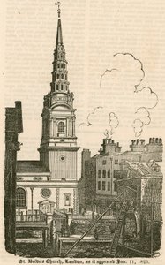 St Brides Kerk, Fleet Street, Londen, zoals het verscheen op 11 januari 1825 door English School