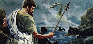St. Columba kwam naar Loch Ness en zag een man die gewond was geraakt door een groot watermonster