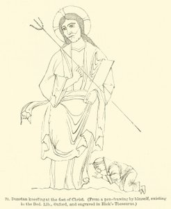 St Dunstan knielt aan de voeten van Christus, uit een pentekening van hemzelf, bestaande in de Bod Lib, Oxford, en gegraveerd in Hick