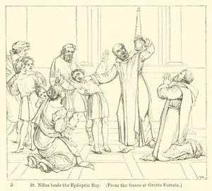 St. Nilus geneest de epileptische jongen, naar de fresco in Grotta Ferrata door English School