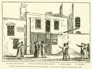 Stal waar de Cato Street-samenzweerders bijeenkwamen, uit de Observer, 5 maart 1820 (gravure) door English School