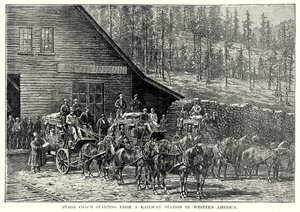Postkoets vertrekkend van een spoorwegstation in West-Amerika (gravure) door English School