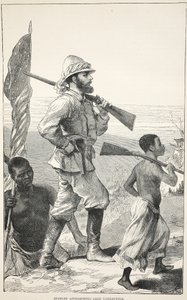 Stanley nadert het Tanganyikameer, illustratie uit De Geïllustreerde Editie van het Leven en de Ontdekkingen van David Livingstone door J. Ewing Richie, uitgegeven door A. Fullarton & Co., 1876 door English School