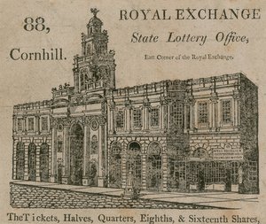 Staatsloterijkantoor, oosthoek van de Royal Exchange, 88 Cornhill, Londen door English School