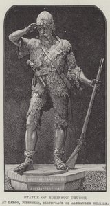 Standbeeld van Robinson Crusoe, in Largo, Fifeshire, Geboorteplaats van Alexander Selkirk (gravure)