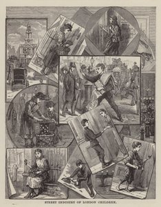 Straatindustrie van Londense kinderen (gravure)