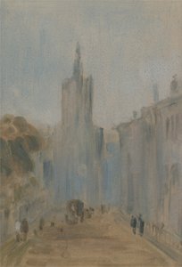 Straat met kerk en figuren