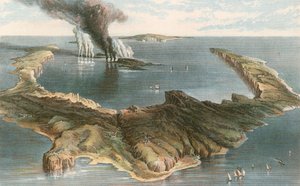 Onderzeese vulkaan - het eiland Santorini, tijdens de uitbarsting van 1866