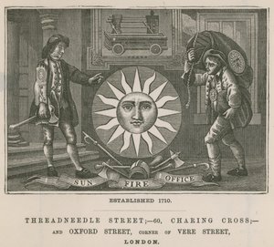 Sun Fire Office, Threadneedle Street, 60 Charing Cross, en Oxford Street, Londen door English School
