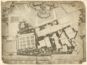 Onderzoek en grondplan van het Koninklijk Paleis van Whitehall, 1680, met de verblijven en appartementen van hun Majesteiten door English School