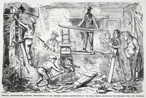 Tableau, die verdere verbeteringen aan het huis van Mr. Briggs vertegenwoordigt - vernietiging van de muur die de salon van de gang scheidt, illustratie uit Punch door English School