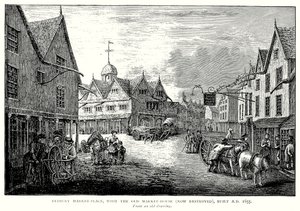 Tetbury Market-Place, met het oude markthuis (nu verwoest), gebouwd in 1655 (gravure) door English School