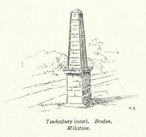 Tewkesbury, bij Bredon, Milestone (litho) door English School