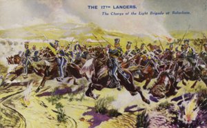 De 17e Lancers bij de Charge van de Lichte Brigade, Slag om Balaclava, Krimoorlog, 1854 door English School