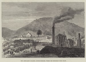 De Abercarne Kolenmijn, Monmouthshire, waar de Explosie plaatsvond (gravure) door English School