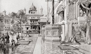 De Akal Takht of Akal Bunga, Harmandir Sahib (Gouden Tempel) complex, Amritsar, Punjab, India in 1864, uit Hutchinson