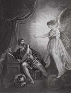 De engel die aan Cornelius verschijnt, Handelingen, Hoofdstuk 10, vers 4 (gravure) door English School