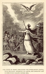 De engel van barmhartigheid predikt het eeuwige evangelie, ware religie verschijnt op aarde (gravure)