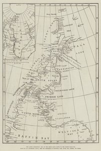 De Arctische Expeditie, kaart van de Smith Sound-route naar de Noordpoolzee (gravure)