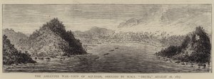 De Ashantee Oorlog, Uitzicht op Aquidah, beschoten door HMS "Druid", 28 augustus 1873 (gravure) door English School