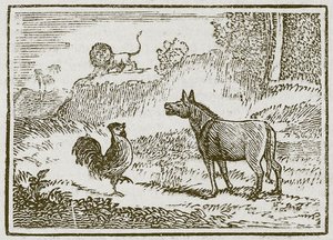 De ezel, de leeuw en de haan (gravure) door English School