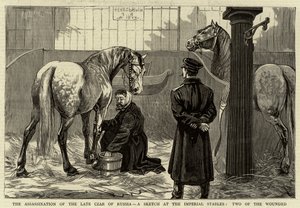 De moord op de late tsaar van Rusland, een schets bij de keizerlijke stallen, twee van de gewonden door English School