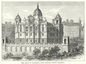 De Bank van Schotland, vanaf Princes Street Gardens (gravure)