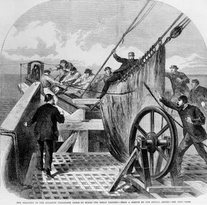 Het breken van de Atlantische telegraafkabel aan boord van de Great Eastern, 1865 (gravure)