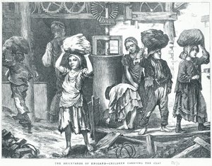 De steenbakkerijen van Engeland, kinderen dragen de klei, 1871 door English School