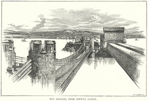 De bruggen, vanaf Conway Castle (gravure) door English School