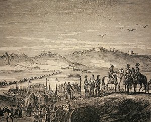 Het Britse leger steekt de Sutlej-rivier over