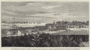 De Britse bezetting van Cyprus, aanlegplaats en pieren bij Larnaca, vanuit het huis van de hertog van Edinburgh (gravure) door English School