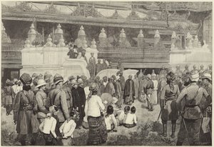 De boeddhistische aartsbisschop van Birma ontvangt Sir Frederick Roberts in het klooster in Mandalay door English School