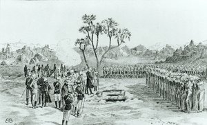 De begrafenis van generaal Earle en kolonels Eyre en Coveney in Kirbekan, uit De Campagne van de Cataracten door generaal William Francis Butler, gepubliceerd 1887 door English School