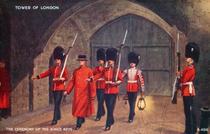 De ceremonie van de sleutels van de koning, Tower of London (kleurenlitho)