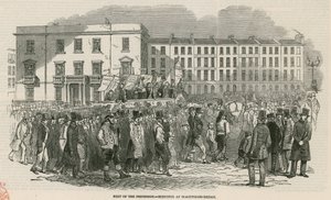 De Chartist bijeenkomst op Kennington Common in 1848, deel van de Processie - geschetst bij Blackfriars Bridge door English School