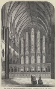 Het koor van de Worcester Cathedral (gravure)