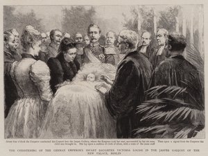 De doop van de Duitse keizerlijke dochter Victoria Louise in de Jaspisgalerij van het Nieuwe Paleis, Berlijn (gravure) door English School
