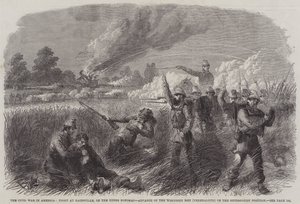 De Burgeroorlog in Amerika, Gevecht bij Hainsville, aan de Boven-Potomac, Vooruitgang van de Wisconsin Mannen (Federalisten) op de Secessionistische Positie