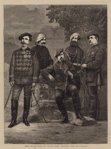 De burgeroorlog in Spanje, Don Carlos en zijn staf (gravure) door English School