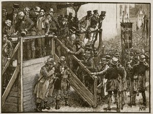 De Clare-wedstrijd: Vader Murphy leidt zijn pachters naar de stembus, illustratie uit Cassells Geïllustreerde Geschiedenis van Engeland