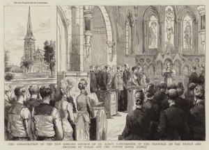De inwijding van de nieuwe Engelse kerk van St Alban, Kopenhagen, in aanwezigheid van de prins en prinses van Wales en de Deense koninklijke familie (gravure)
