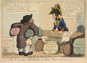 Het Consulaire Magazijn of een Groot Man aan de Balie genageld, uitgegeven 1802 (handgekleurde gravure)